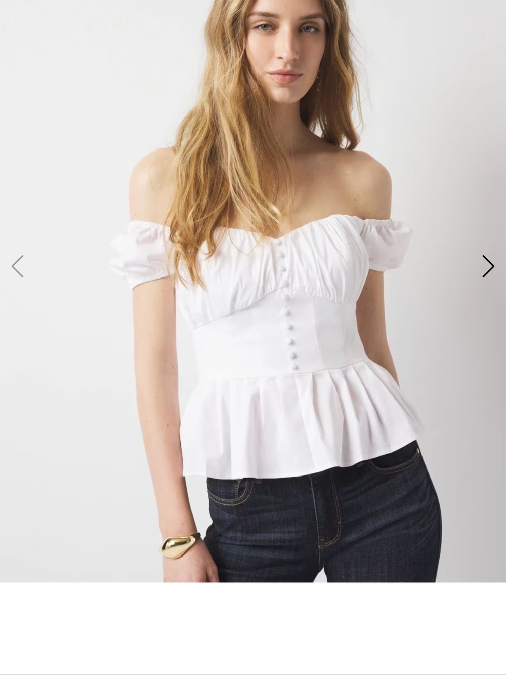 White House Black Market White Off-Shoulder Peplum Button Top